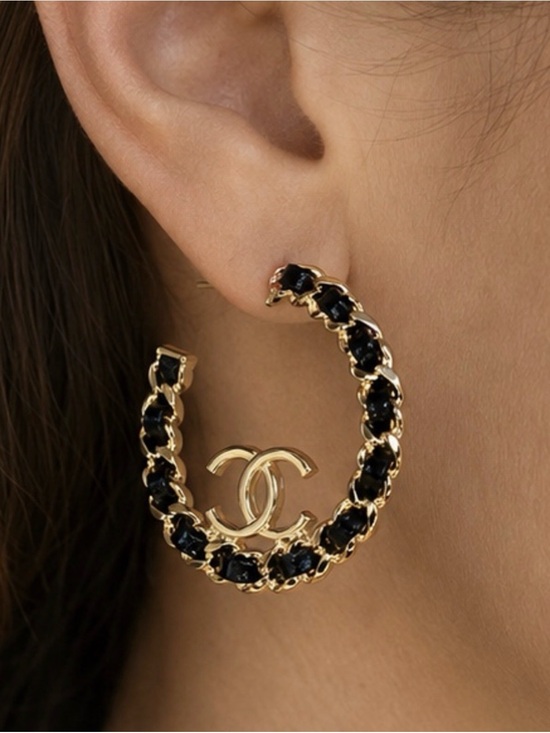None Jewelry - Gold-Tone Hoop Earrings with Black Accents and Interlocking Logo